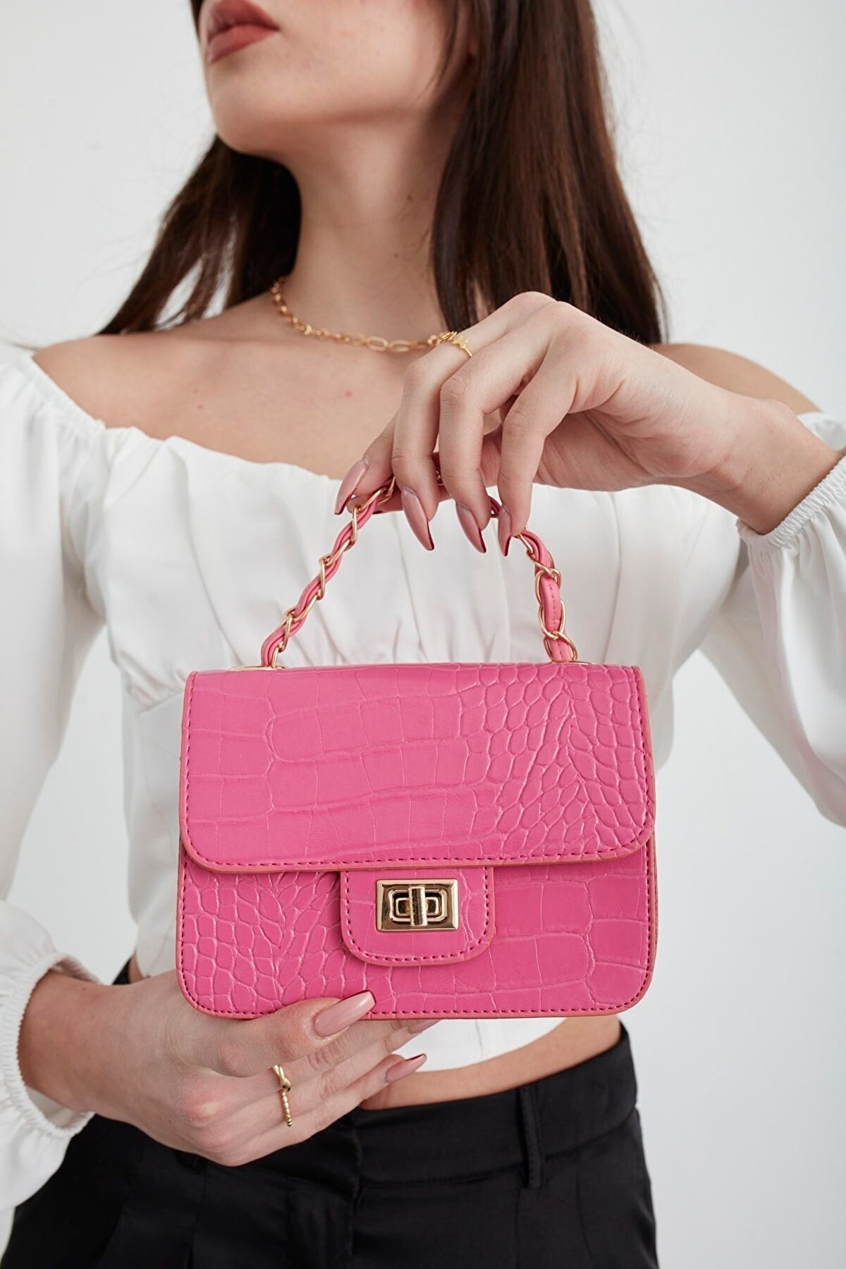 Fuchsia Women's Crocodile Patterned Mini Shoulder Bag