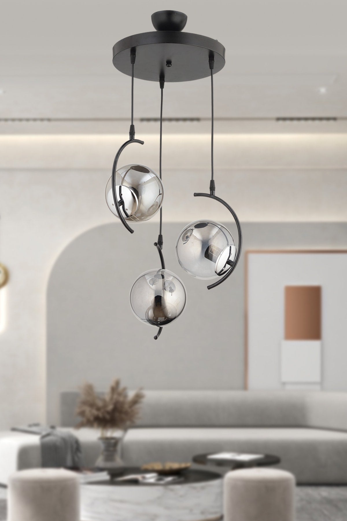 Evren 3-Piece Modern Design Smoked Globe Glass Pendant Lamp Chandelier