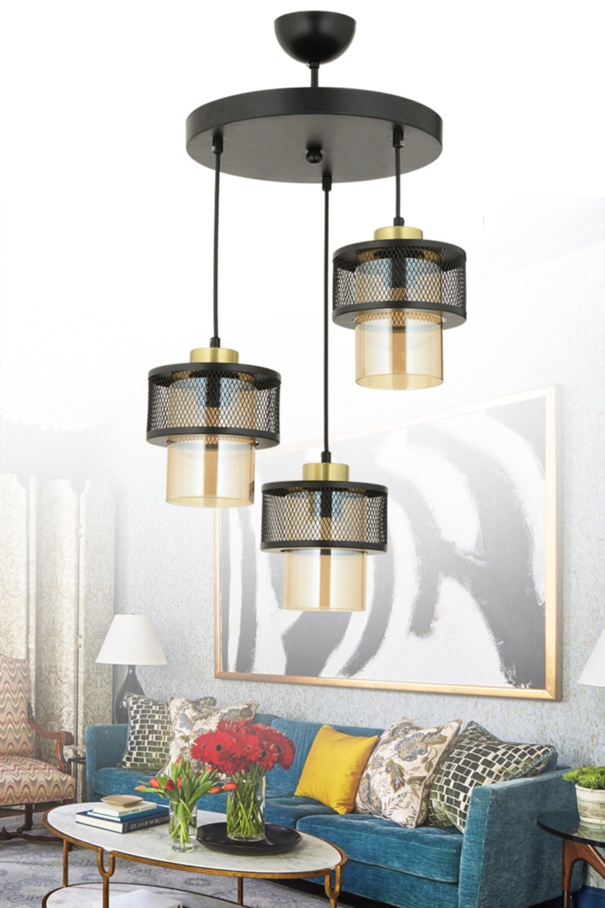 Honeycomb 3-Piece Modern Glass Black Pendant Lamp Chandelier