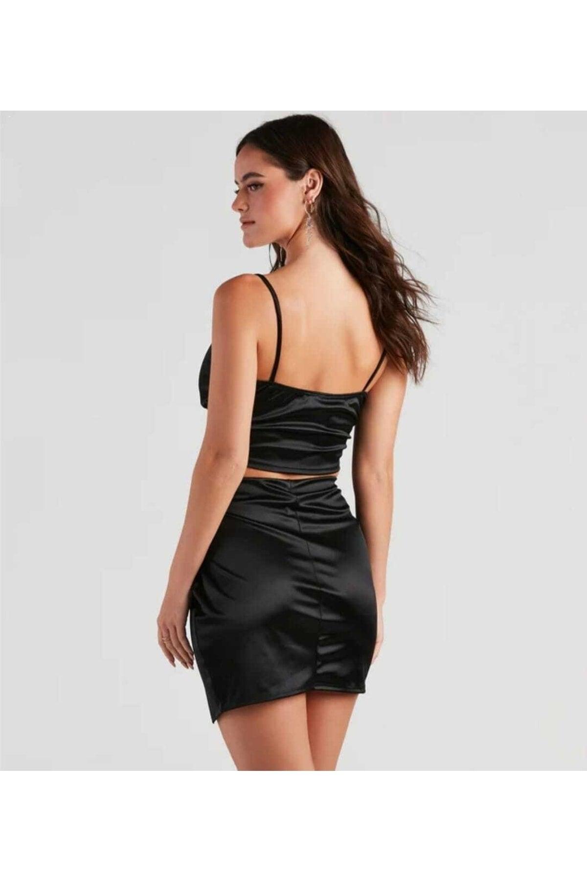 Women's Leather Look Shiny Fabric Mini Skirt And Bustier Design Suit - Swordslife