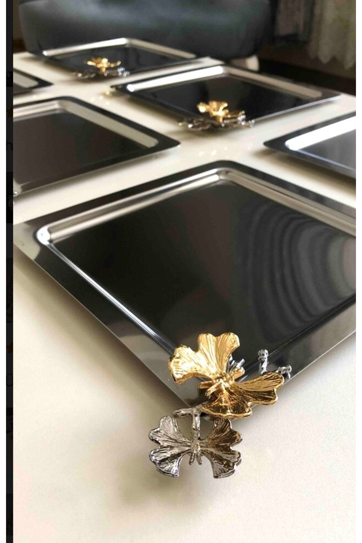 Stainless Steel Square 6 Pcs Serving And Serving Tray With Butterfly Accessories