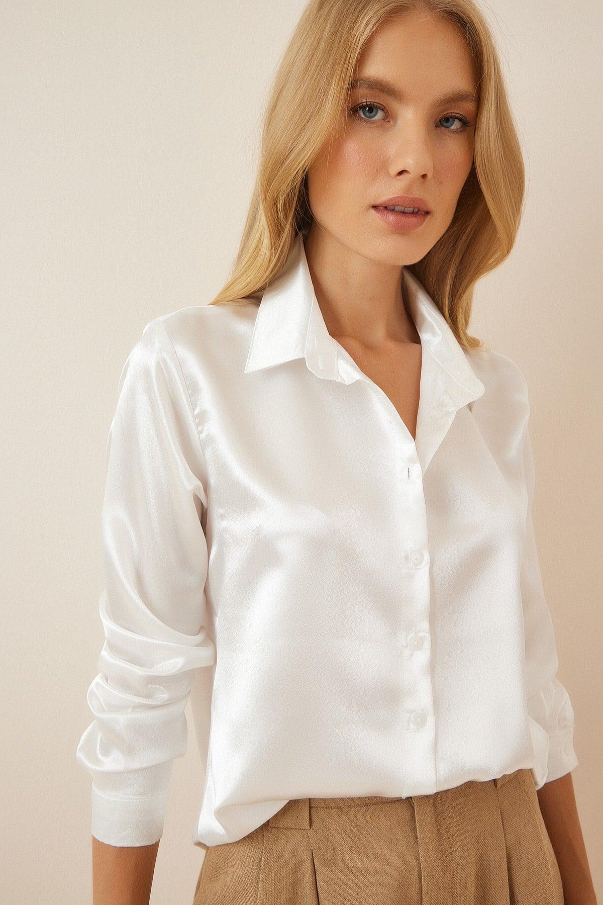 Women's White Lightly Flowy Satin Shirt DD00990 - Swordslife