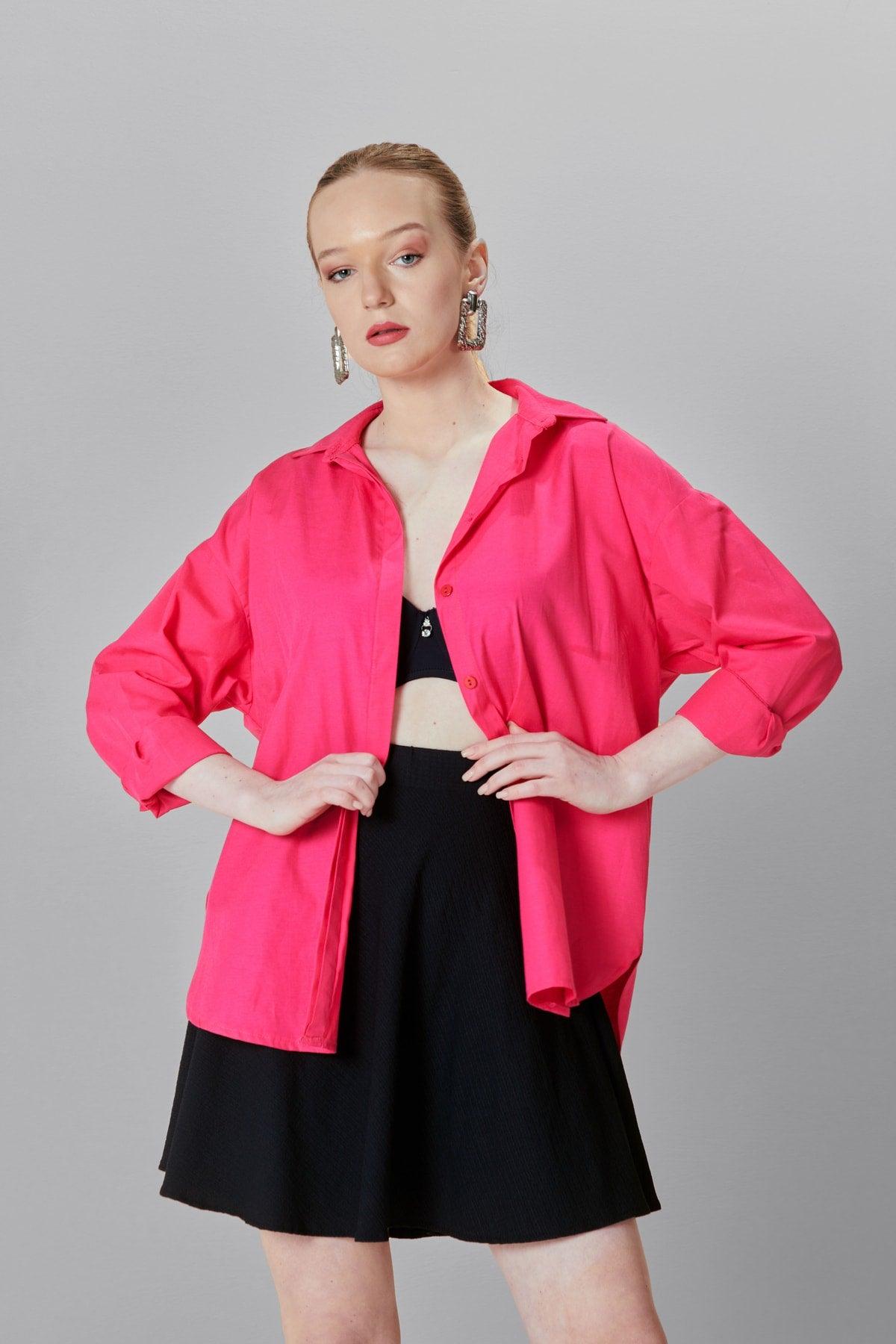 Women's Fuchsia Oversize Long Woven Shirt - Swordslife