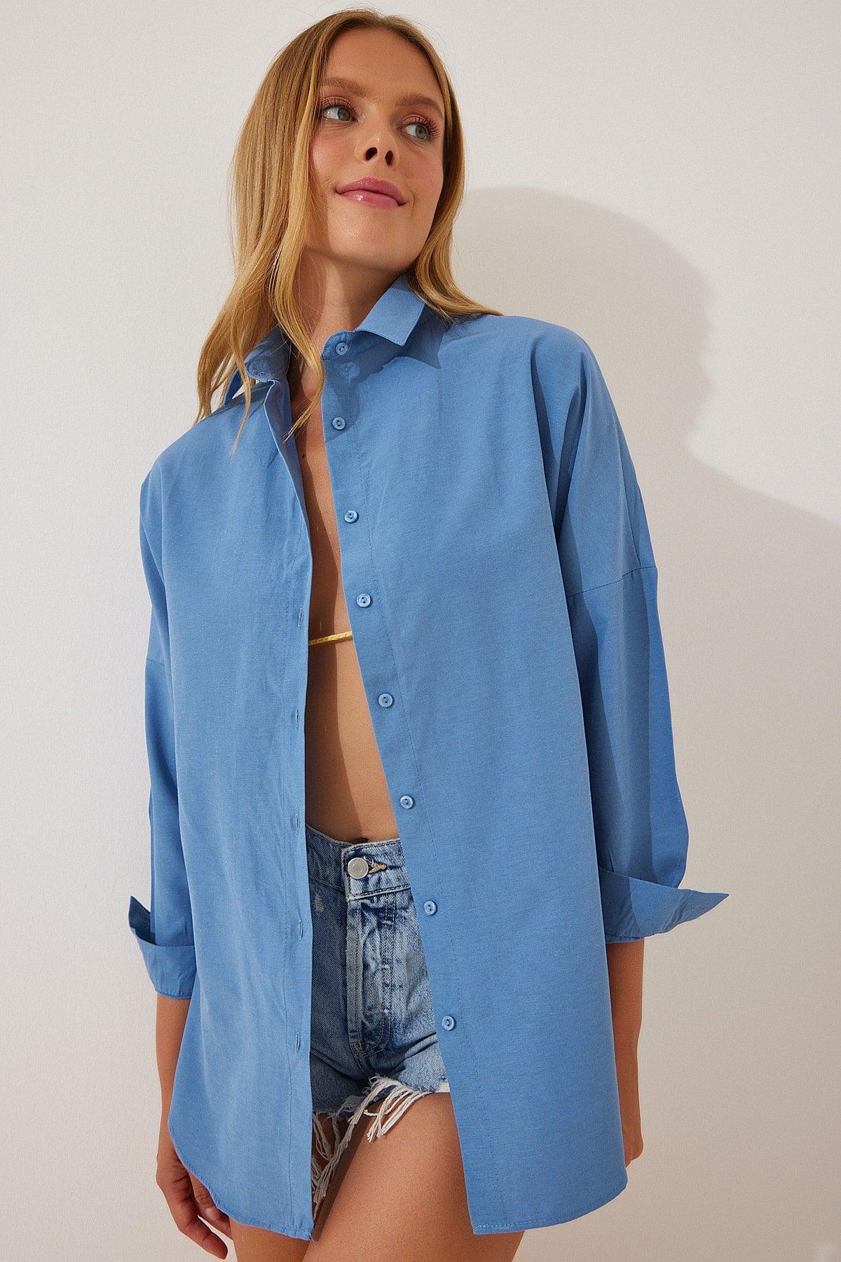 Women's Indigo Blue Oversize Long Basic Shirt DD00842 - Swordslife