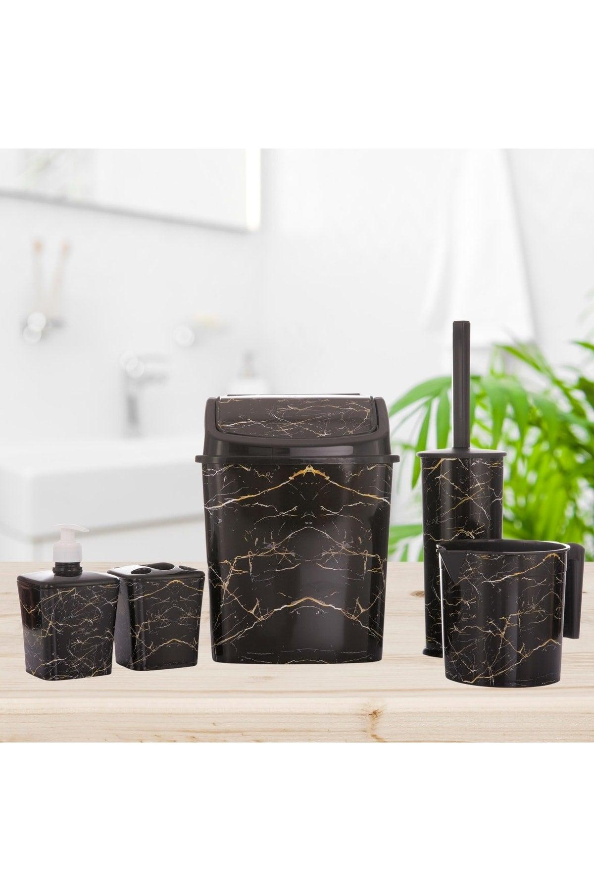 Bathroom Set 5 Pcs. Trash Can Wc Toilet Brush Cup Soap Dispenser Brush Holder 5 Pcs. Black Marble Patterned - Swordslife