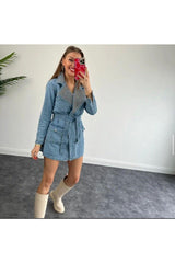 Belted Collar Stone Long Denim Jacket - Swordslife