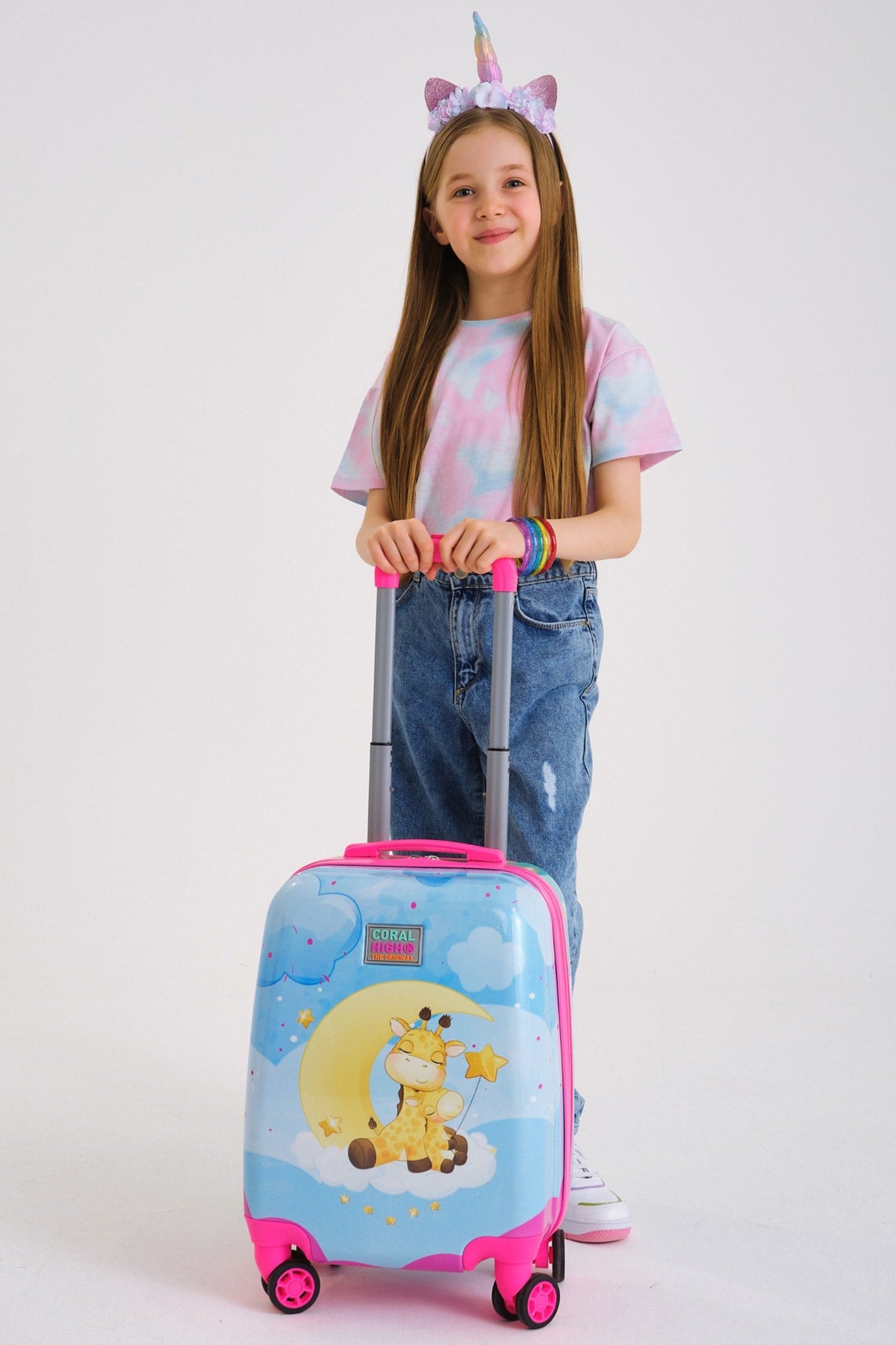 Kids Blue Pink Giraffe Patterned Child Suitcase 16719