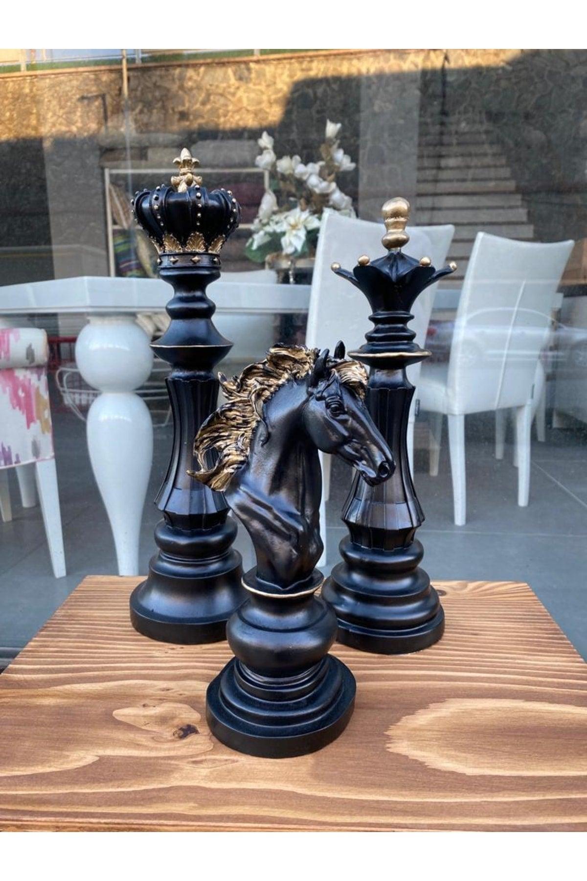 Trio Chess Set Statue King Queen Horse Decorative Black Gold Trinket - Swordslife