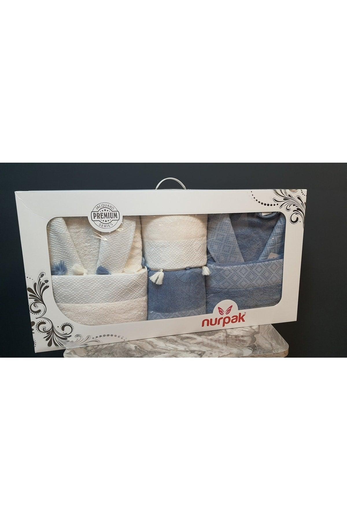 Safir Family Bathrobe Set 100% Cotton Indigo-cream 8 Pcs - Swordslife