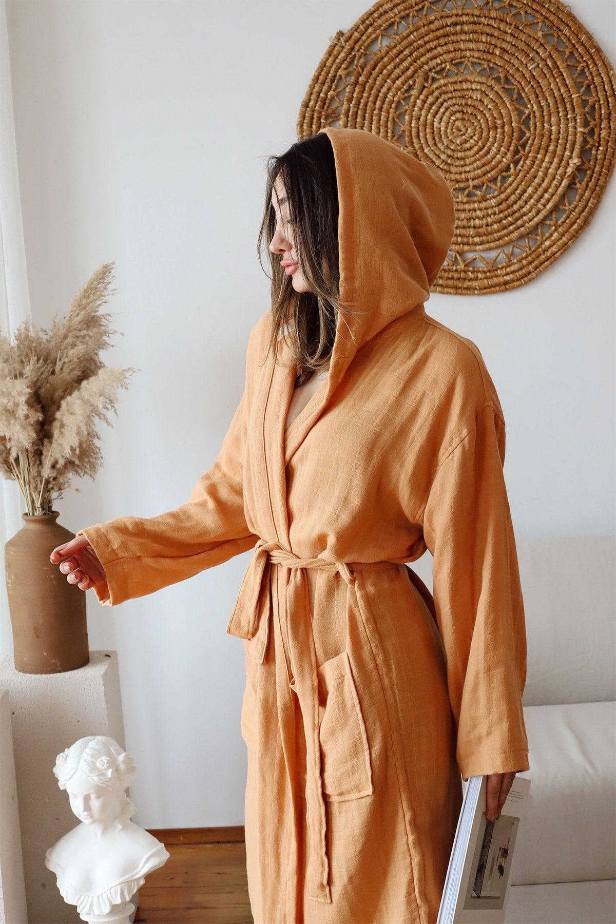 Adult Plain Muslin Bathrobe, Special Design 100% Cotton 2 Layer Hooded Open Tile - Swordslife