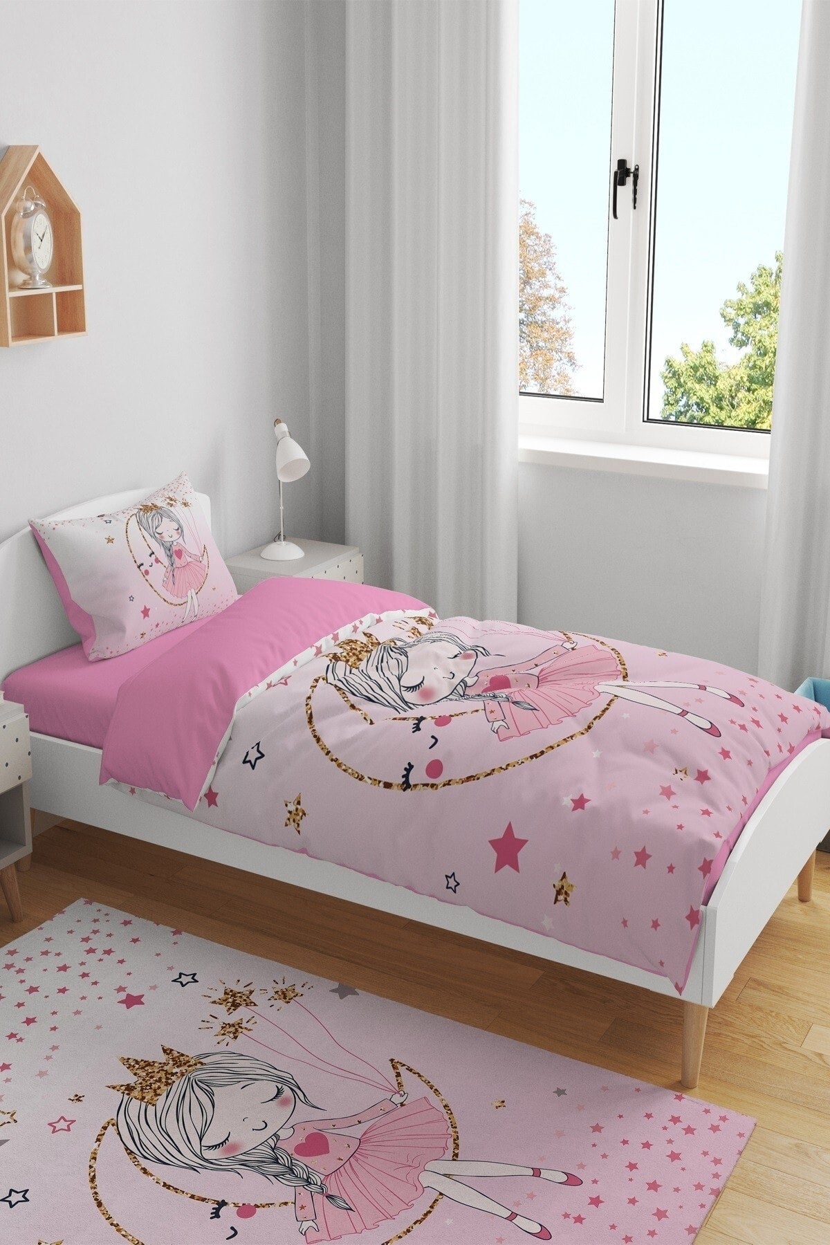 Pink Star Moon Princess Patterned Single Baby Kids Duvet Cover Set