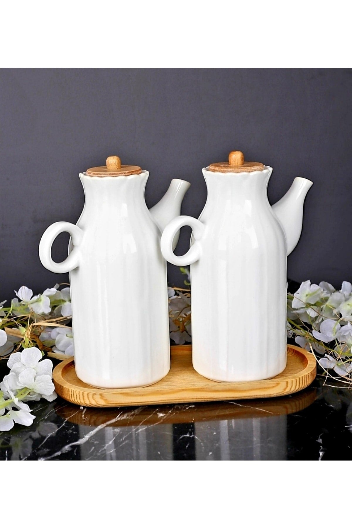 6 Pieces Wooden Stand Porcelain Daisy Oil Pot Set of 3 Tea Sugar Salt Jars Dowry Set Set