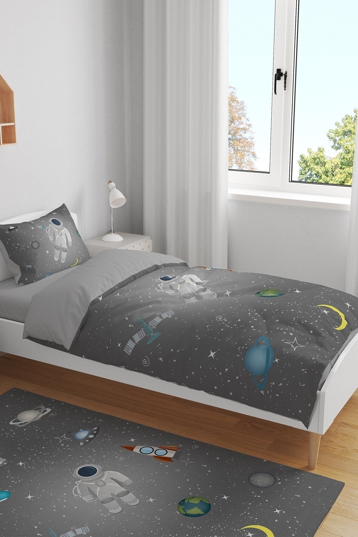 Gray Space Little Astronaut Patterned Single Baby Kids Duvet Cover Set