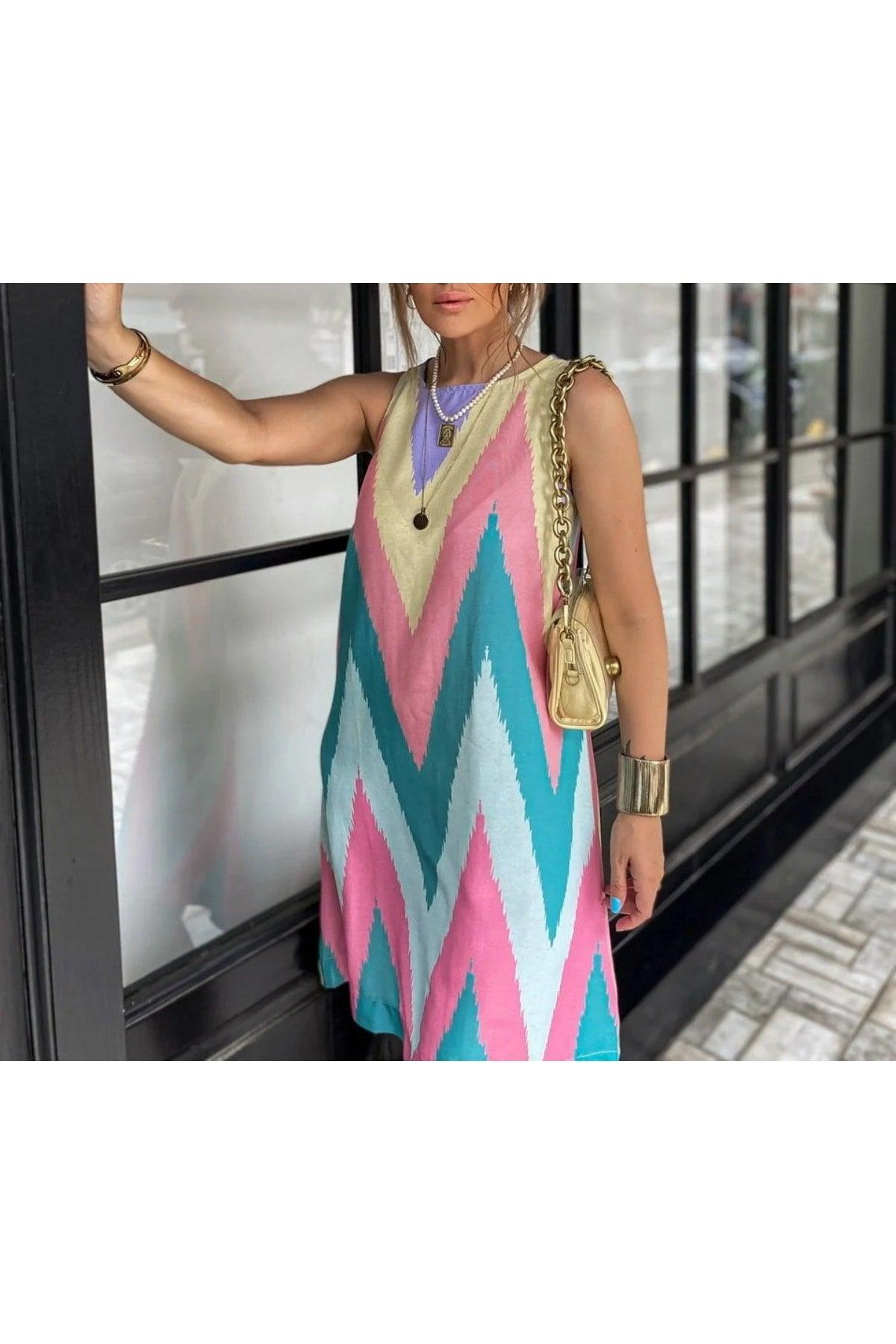 Colorful Zigzag Pattern Sleeveless Linen Bell Dress - Swordslife