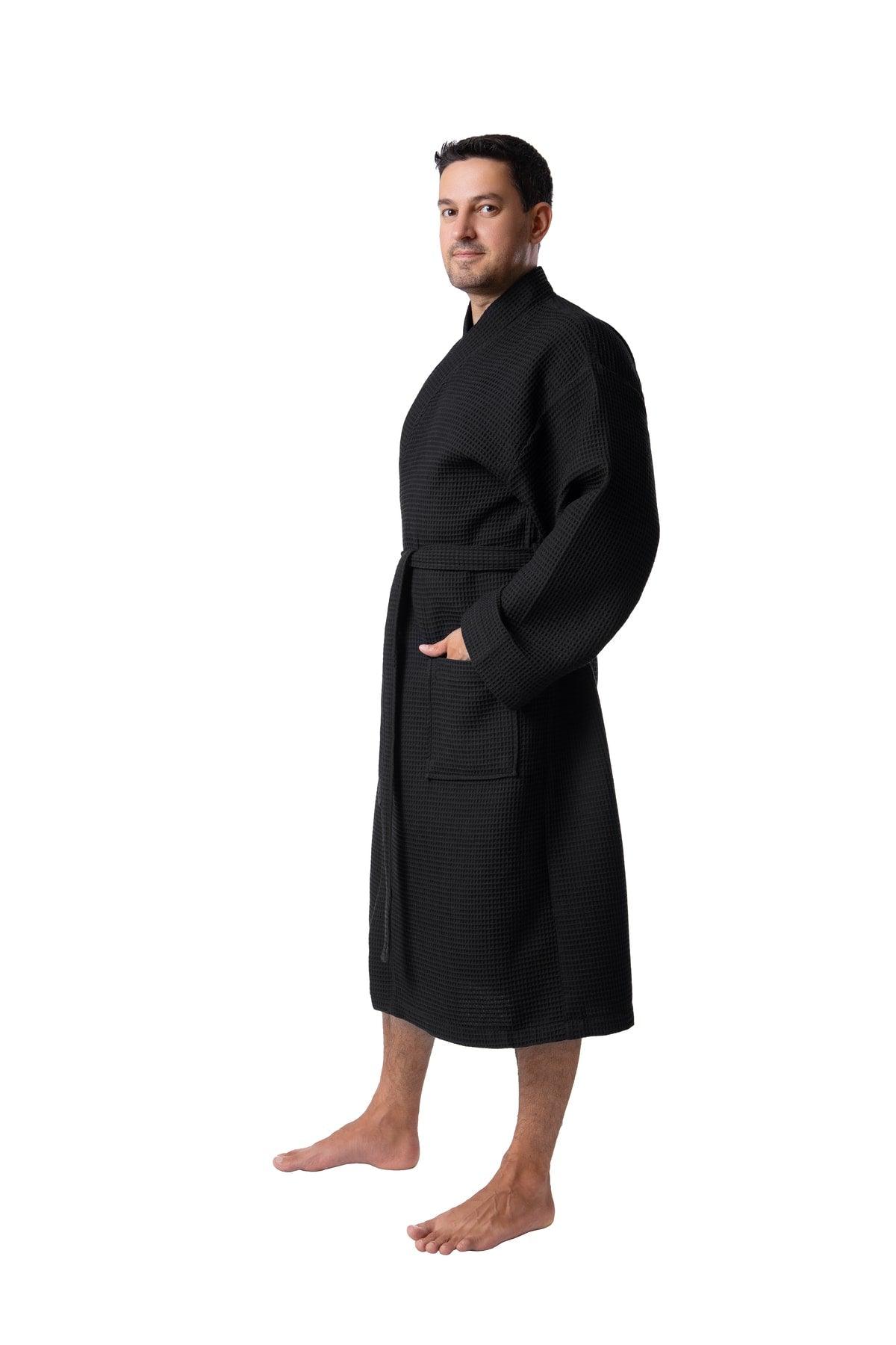 Male Bathrobe Waffle Patterned Organic Bathrobe Male Bathrobe - Black - Swordslife