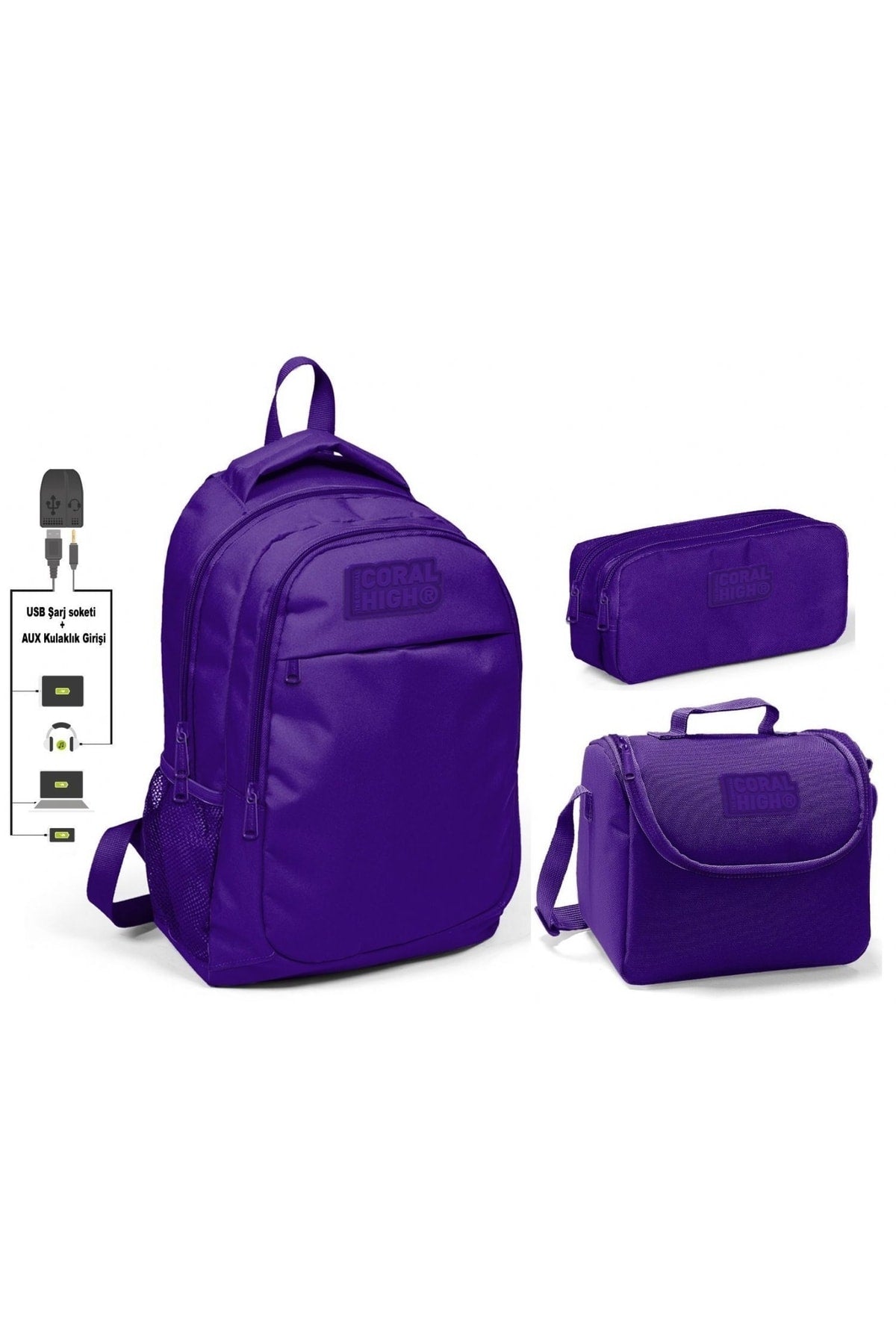 Coral High Girl's Purple 3-Piece Bag Set - With Usb Socket