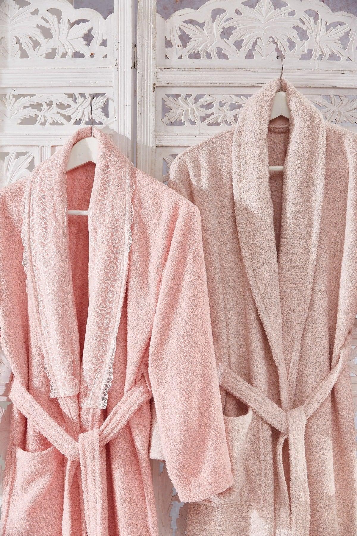 Family Lace Pink & Cappuccino Family Bathrobe Set 6 Pieces Dowry Women Men Bath Towel Set - Swordslife