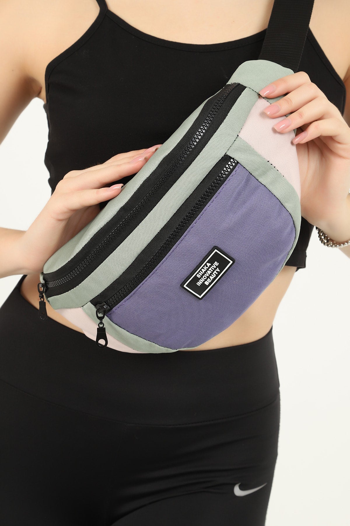 Green/powder/lilac U8 2-Compartment Adjustable Cross Strap Canvas Unisex Waist And Shoulder Bag E:38 B:1