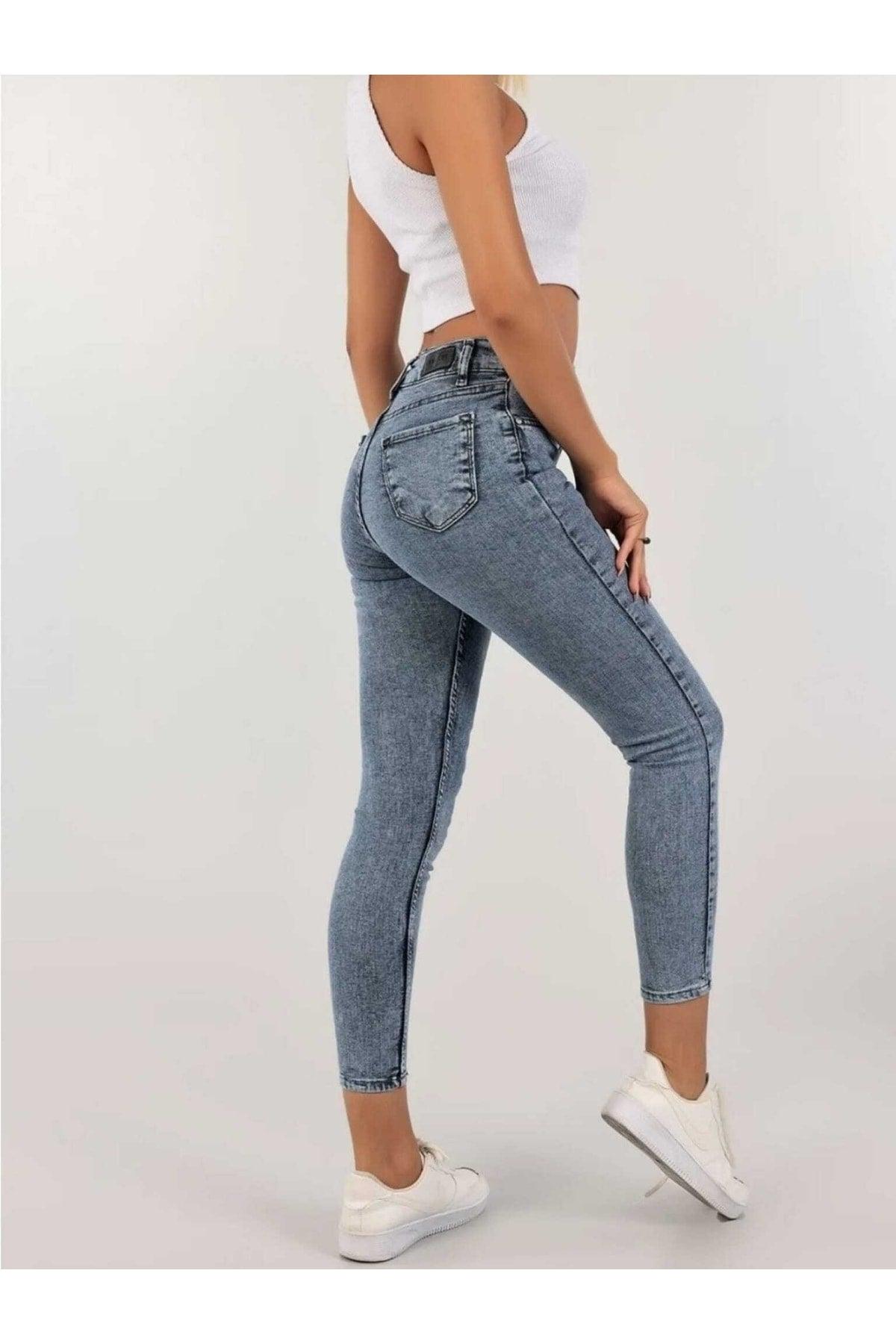 High Waist Snow Wash Light Blue Skinny Jeans Trousers - Swordslife