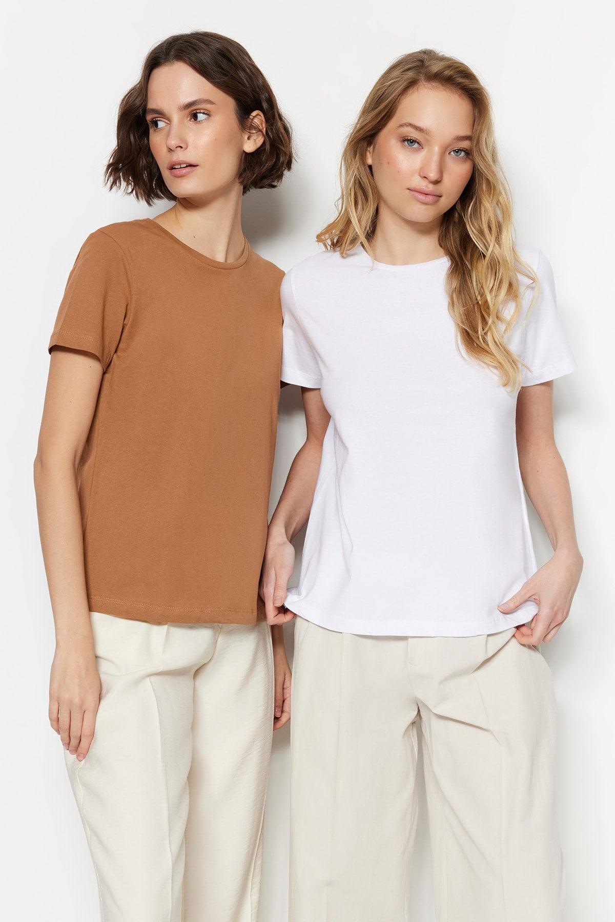 Camel-White 100% Cotton 2-Pack Basic Crew Neck Knitted T-Shirt TWOSS20TS0141 - Swordslife