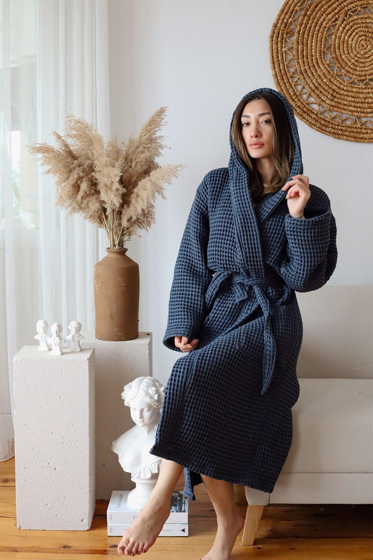 Waffle Adult Bathrobe Soft Pique Fabric Hooded Anthracite - Swordslife