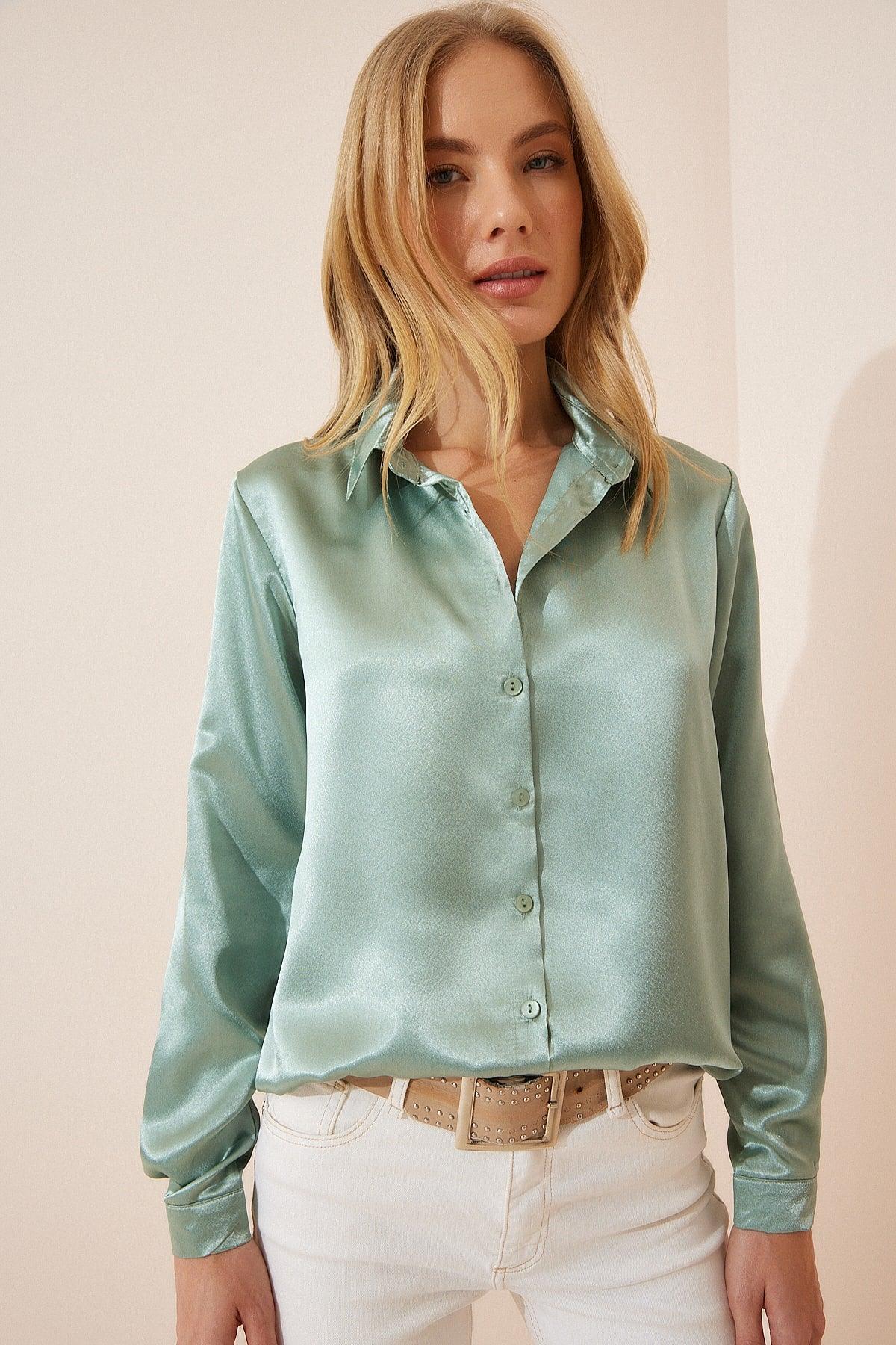 Women's Cagla Green Lightly Flowy Satin Shirt DD00990 - Swordslife