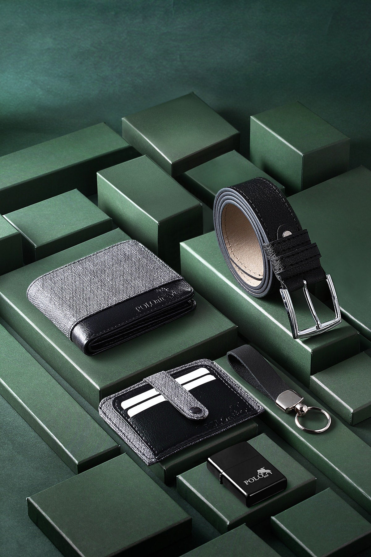 Belt Wallet Card Holder Keychain Lighter Set in Gift Box Gray
