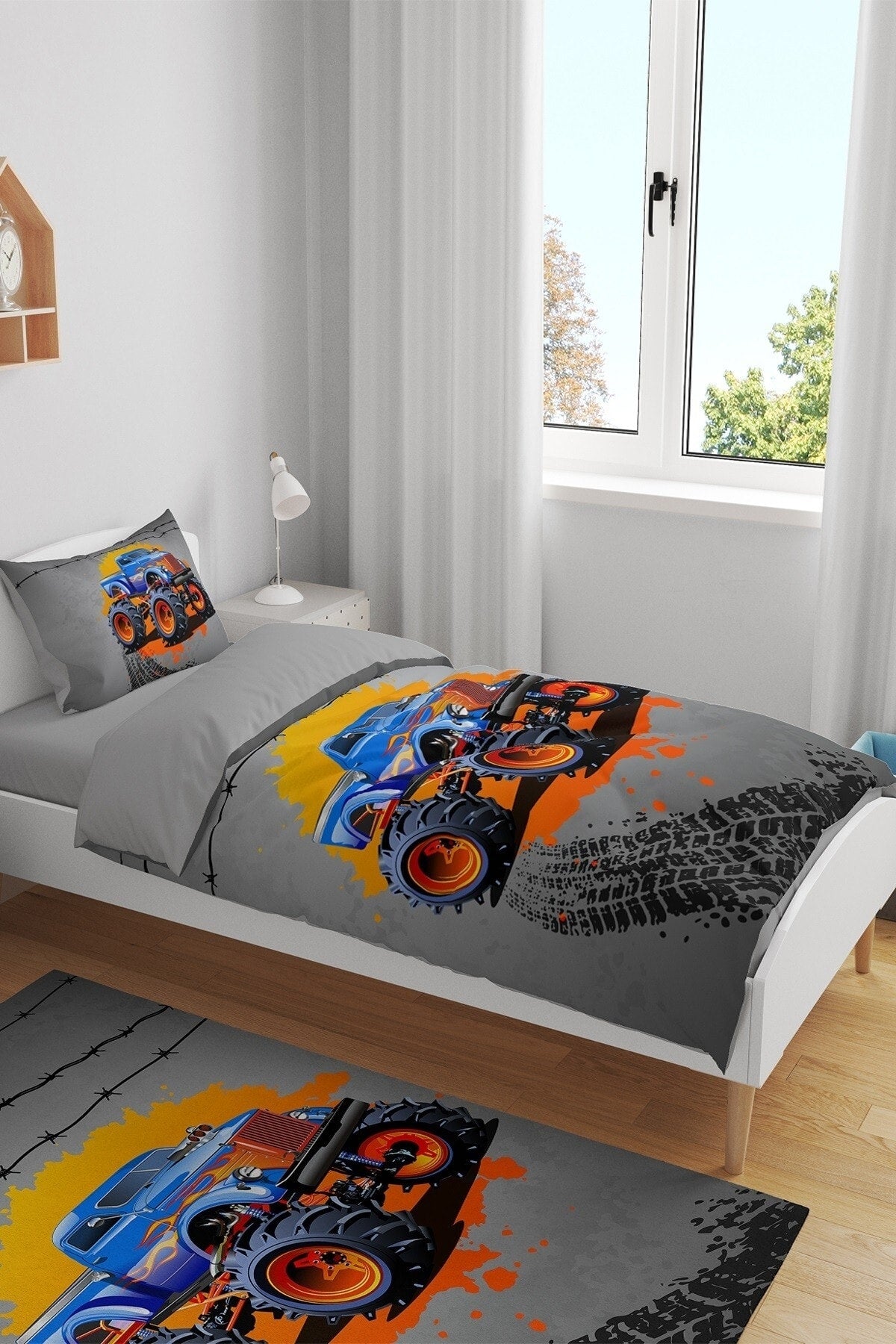 Gray Fire Monster Truck Patterned Single Baby Kids Duvet Cover Set