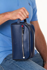 Adelina Navy Blue Leather Portfolio Clutch Bag Travel Shaving Cosmetic Clutch Bag