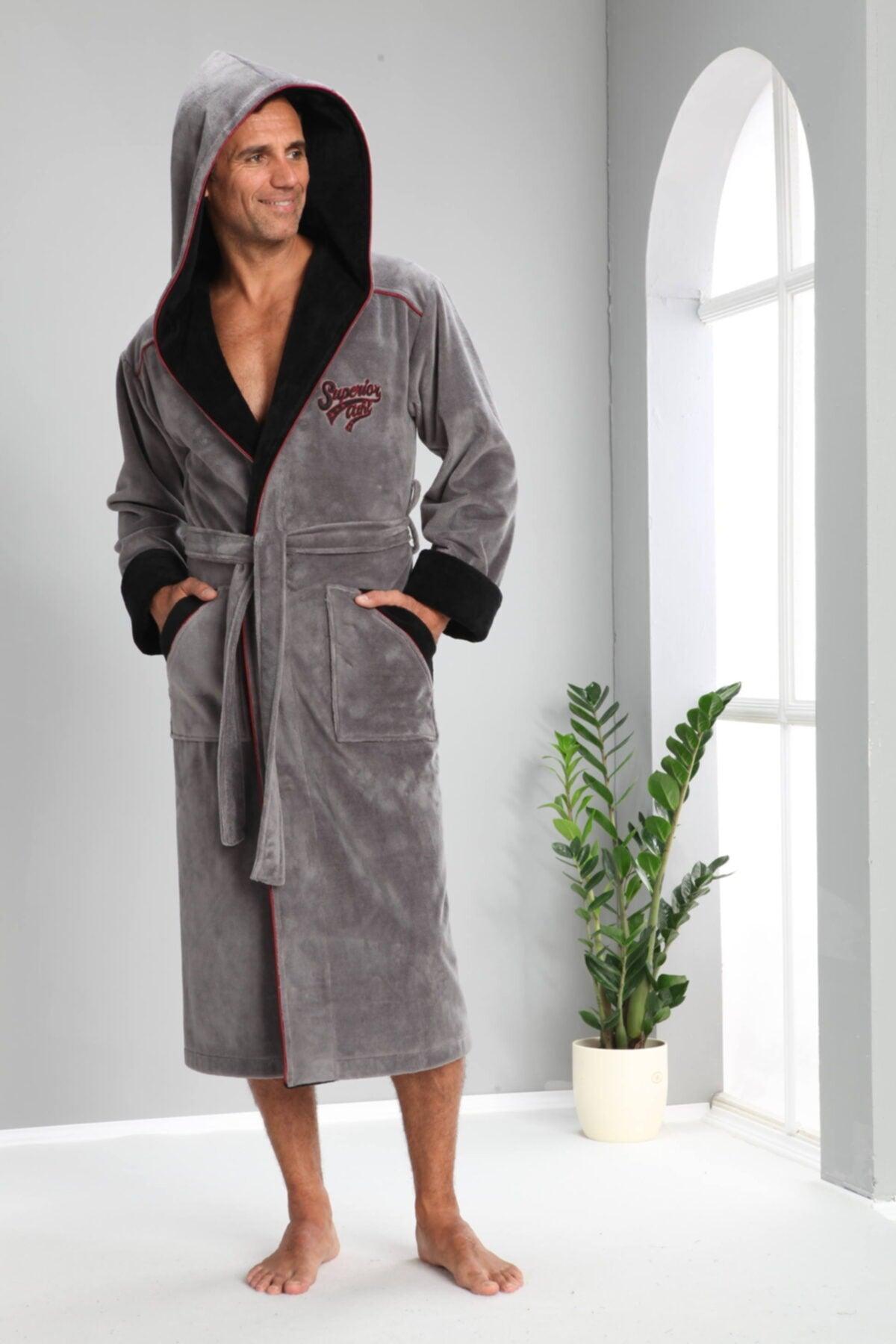 Men's Gray Hooded Bathrobe - Swordslife