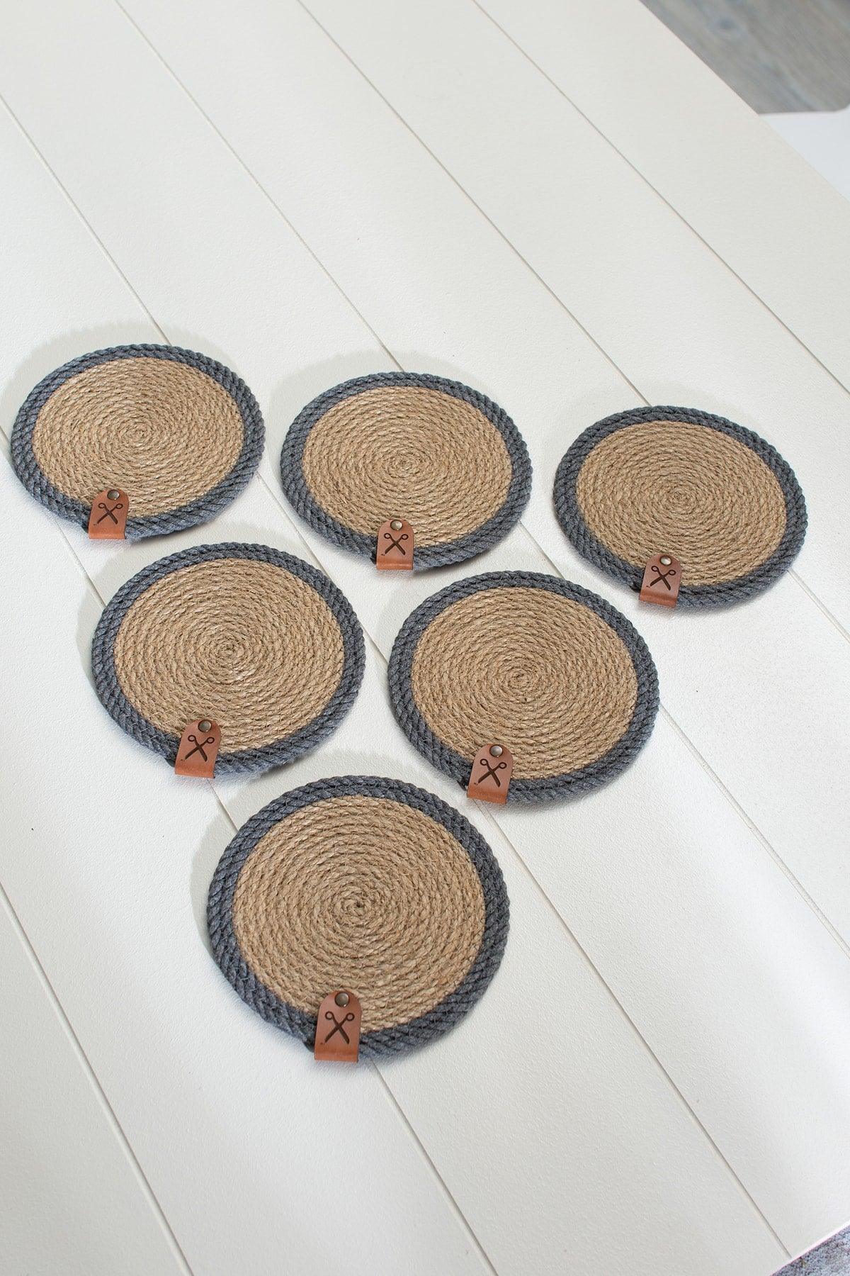 6 Pieces 13cm Gray Striped Jute Straw Weave Coaster Presentation Set - Swordslife