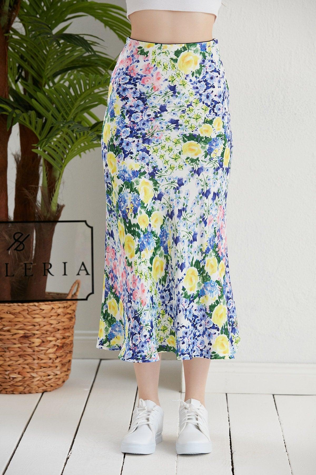 Floral Pattern Viscose Satin Midi Length Skirt -yellow Flower - Swordslife