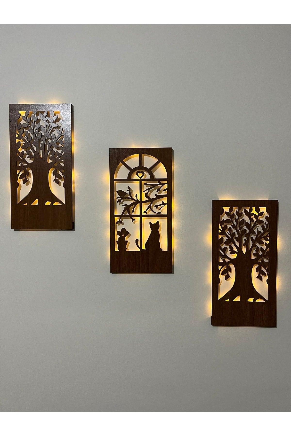 Fairy Led Wooden 3 Piece Set Table Home Gift Hallway Hallway Night Light 32x16 Wall Decoration Tree Cat Bird - Swordslife