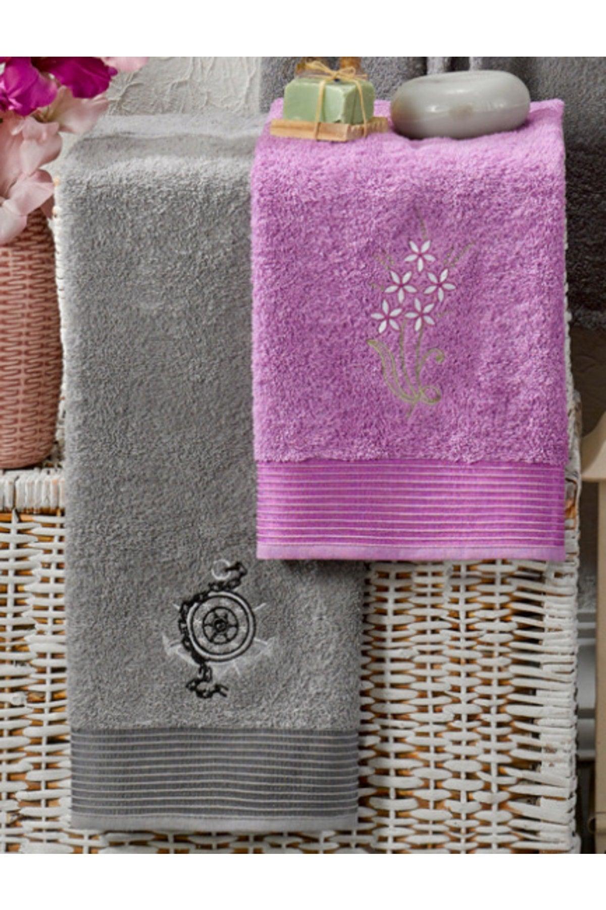 100% Cotton Compass Embroidered 4-Piece Family Bathrobe Set | Bathrobe Set | Dowry Set | Purple | Grey - Swordslife