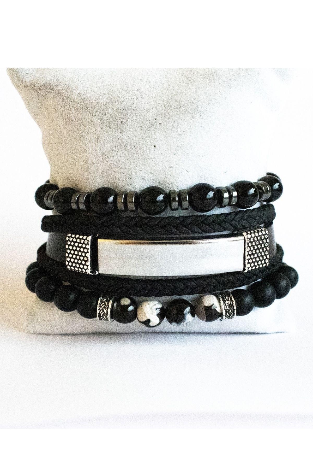 3 Piece Bracelet Set Black Onyx Natural Stone, Steel Leather Hematite Stone Bracelet - Swordslife