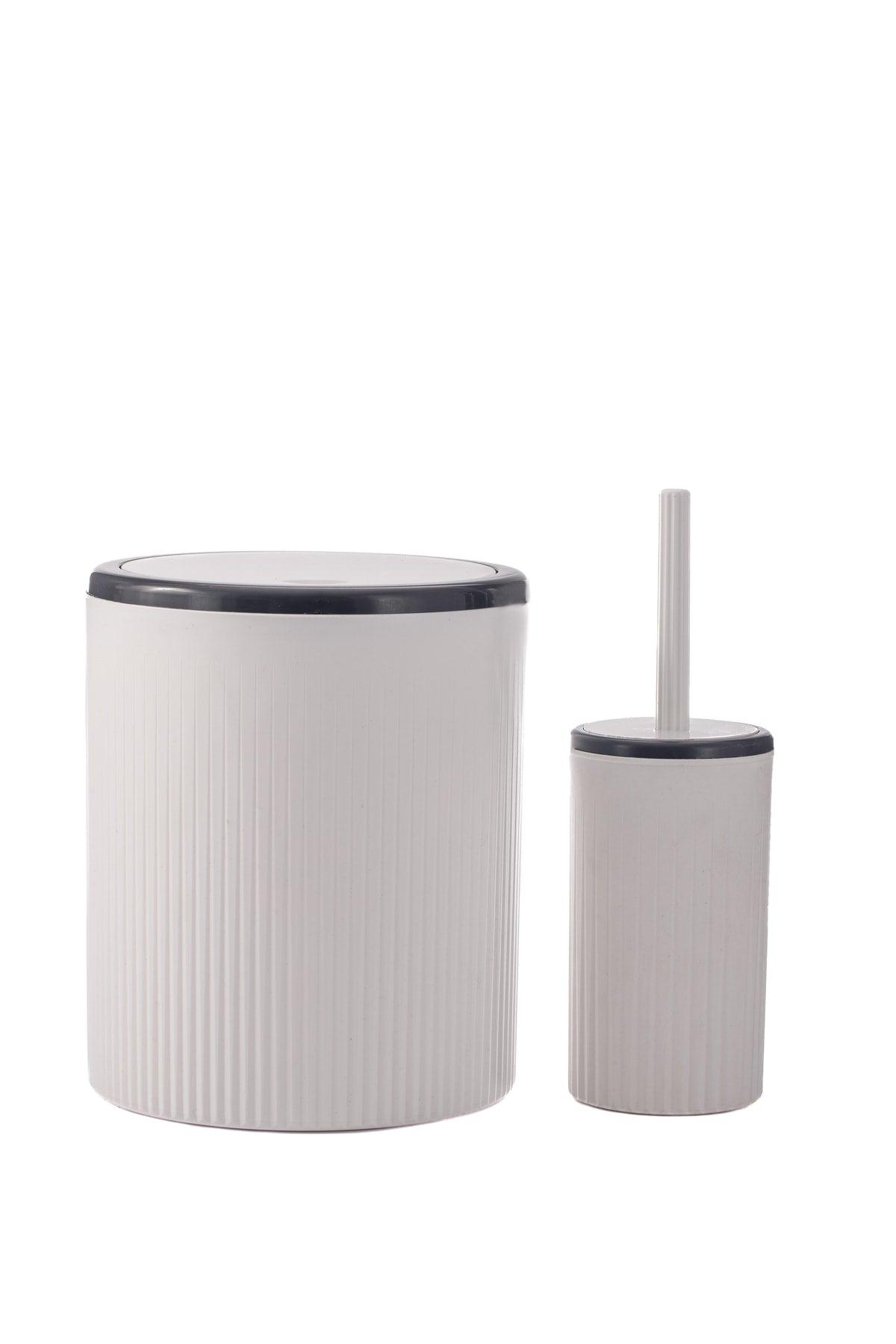 White Striped Round 2 Pcs Bathroom Set 2 Pcs Bathroom Set Dustbin Wc Brush Set - Swordslife