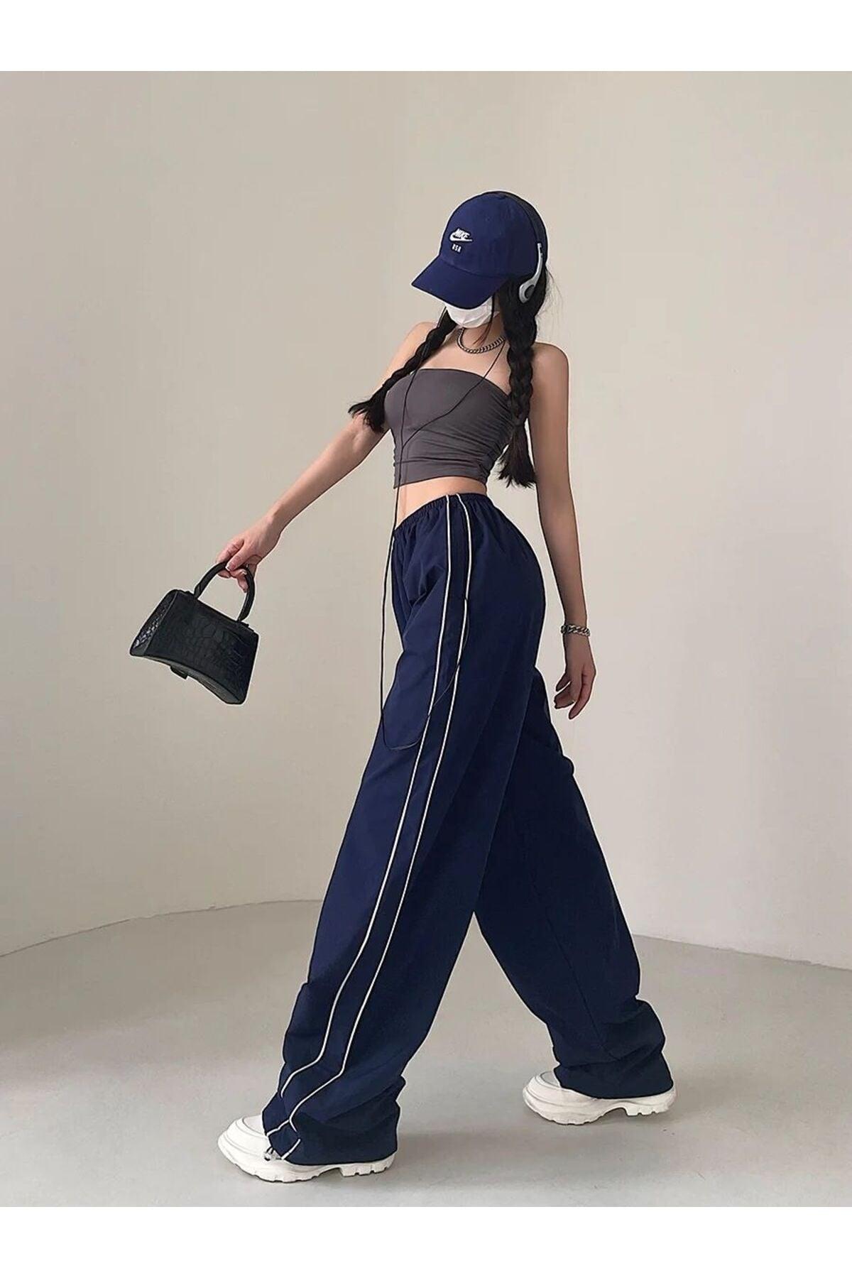 Y2k Unisex Navy Blue Double Striped Sweatpants - Swordslife