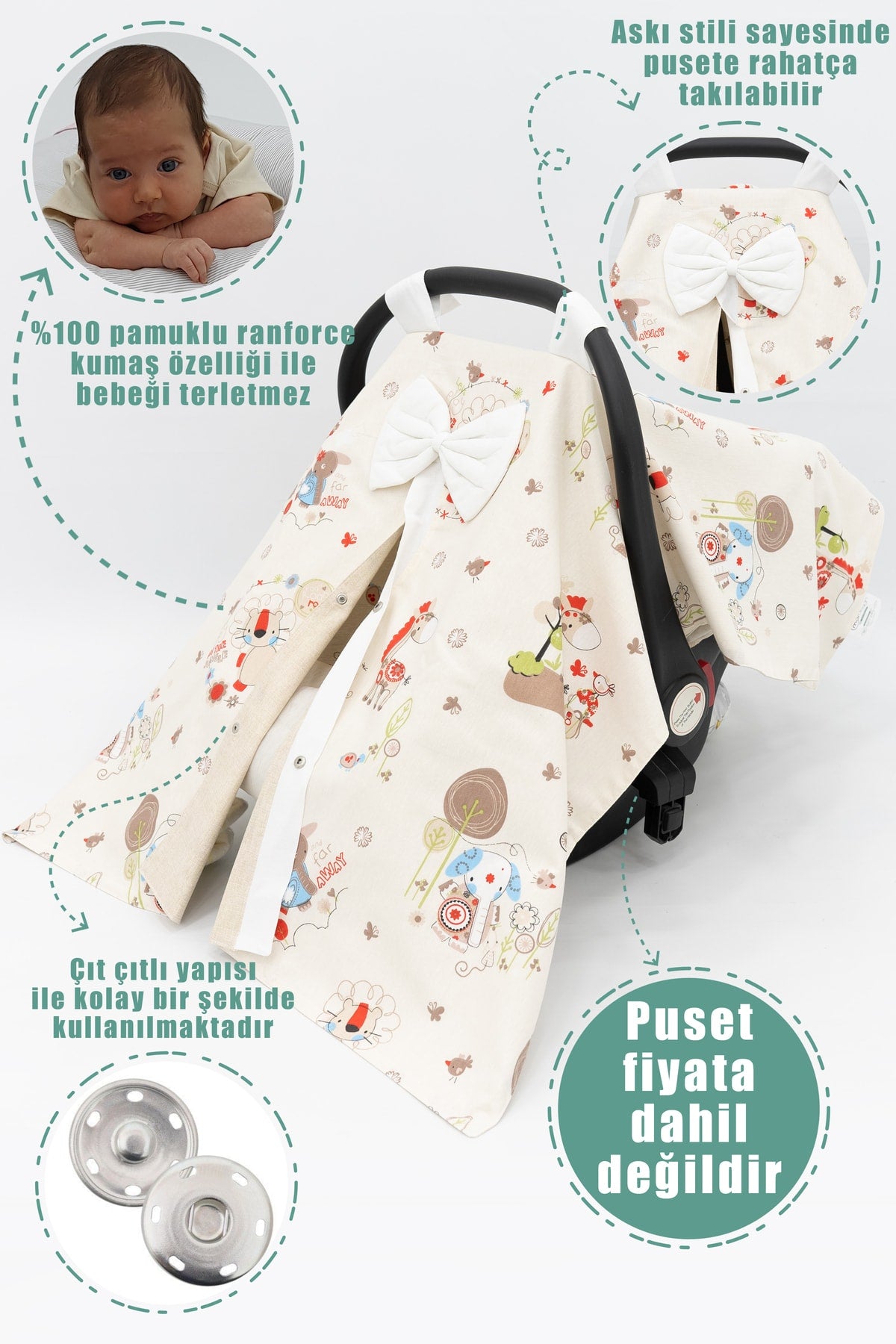 Orthopedic Baby Stroller Cushion, Cover, Bed Sheet, Baby Pique, Nursing Apron, Set of 5, Animal Series