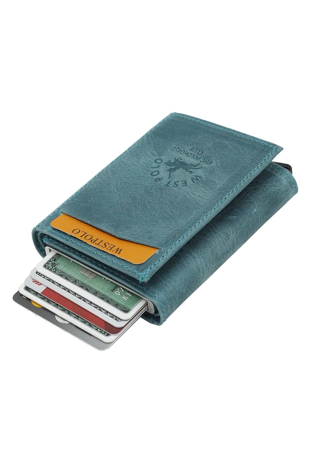 Unisex Turquoise Genuine Leather Mechanism Wallet Card Holder