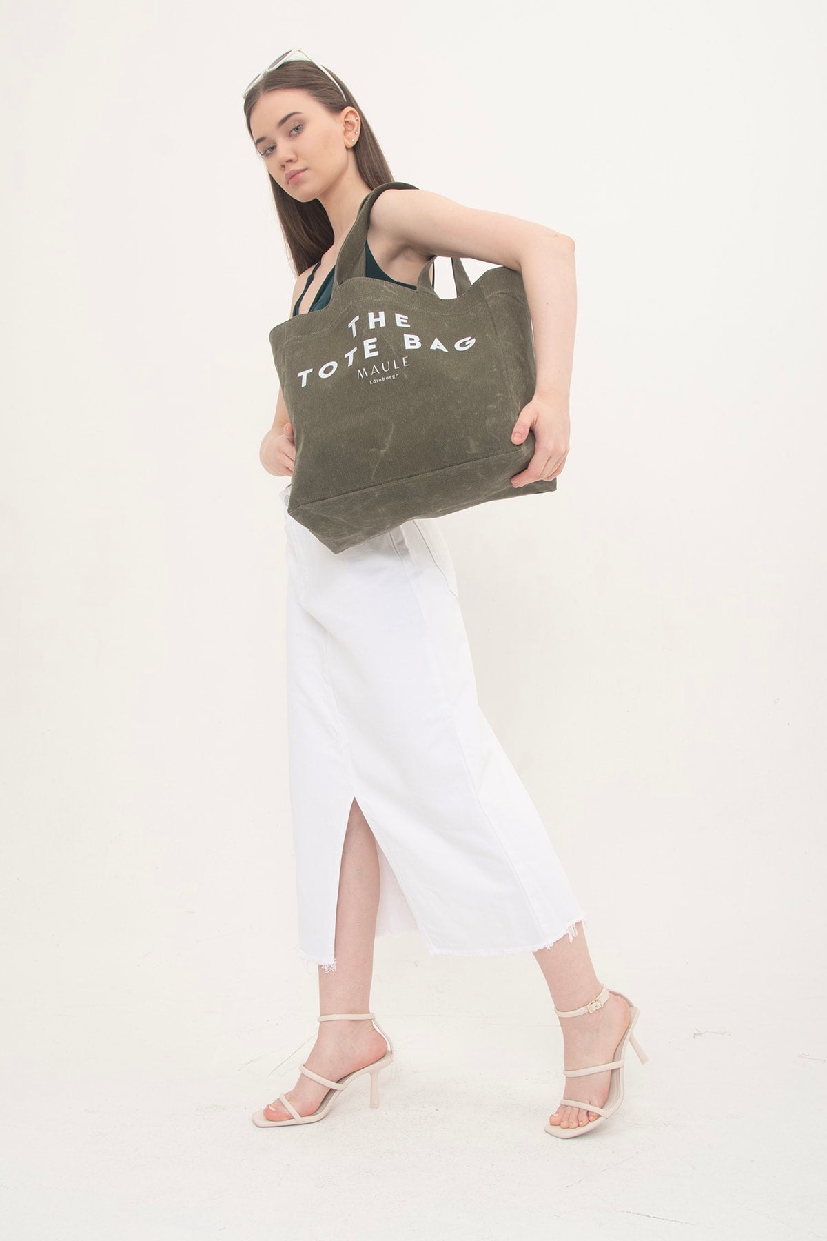 Khaki Khaki Maule Tote Bag Printed Medium Size Waxed Canvas 100% Cotton Women's Shoulder Bag