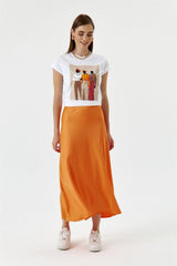 Neon Orange Satin Skirt With Elastic Waist - Swordslife
