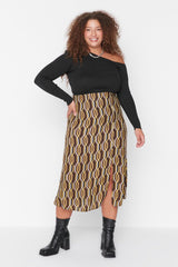 Brown Retro Patterned Slit Viscose Woven Skirt TBBAW23AZ00032 - Swordslife