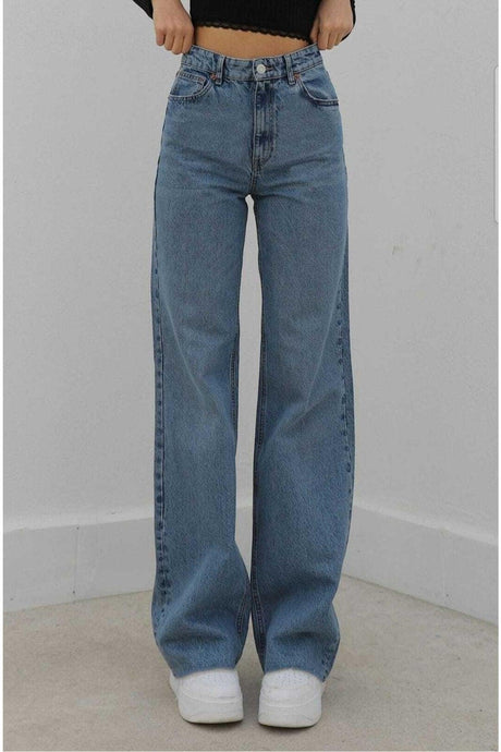 Bodrum Lycra Loose Women's Blue Snow Wash Super High Waist Wide Leg Denim Jeans - Swordslife