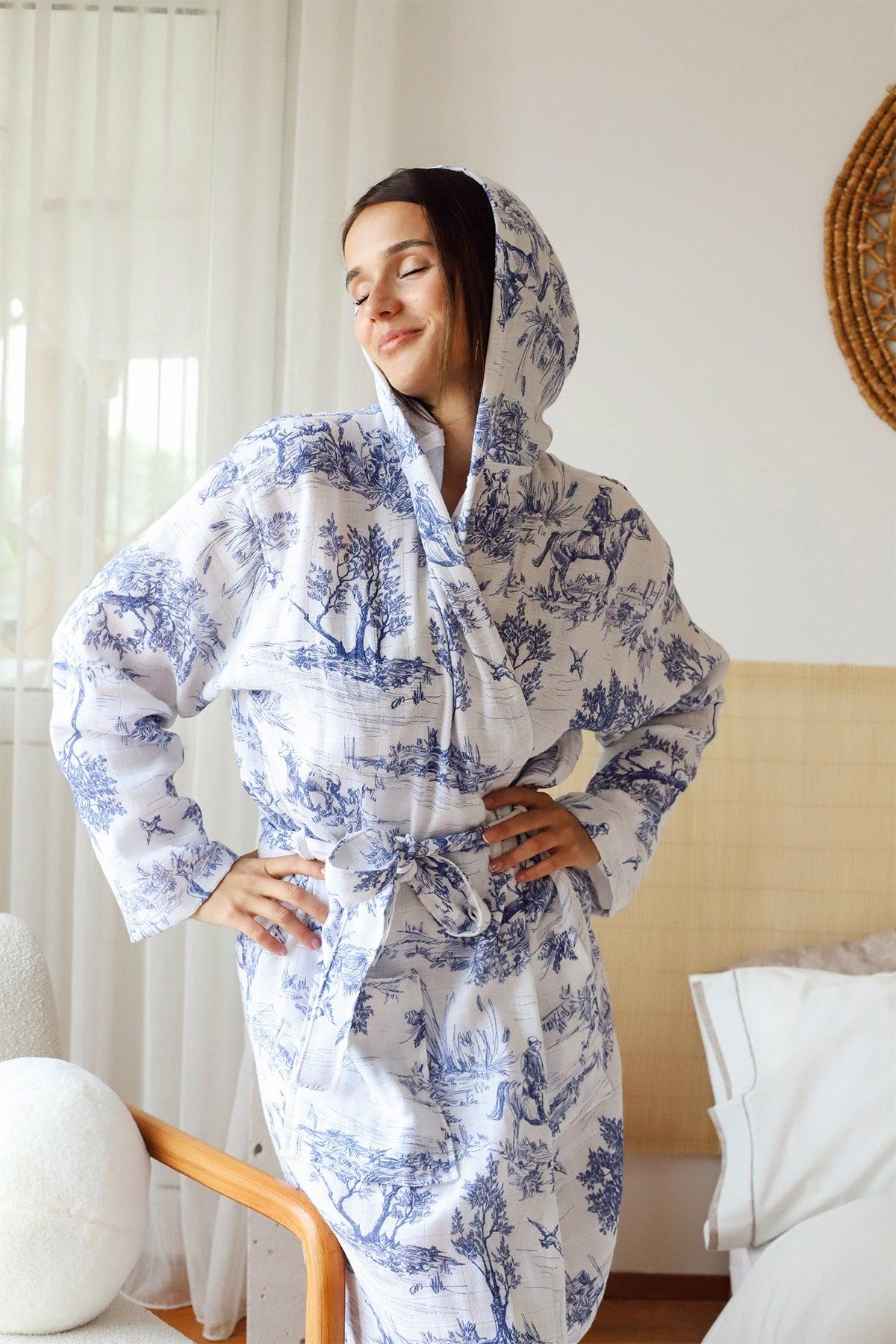 Adult Patterned Muslin Bathrobe, Special Design 100% Cotton 2 Layers Double Sided Hooded - Swordslife