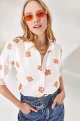 Women's Daisy Orange Sleeve Fold Linen Shirt GML-19000825 - Swordslife