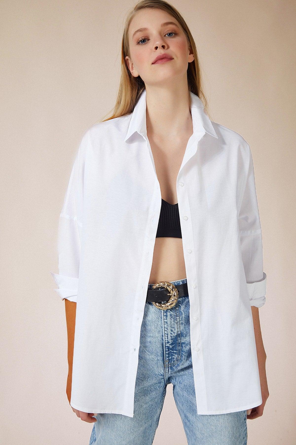 Women's White Oversize Long Basic Shirt DD00842 - Swordslife