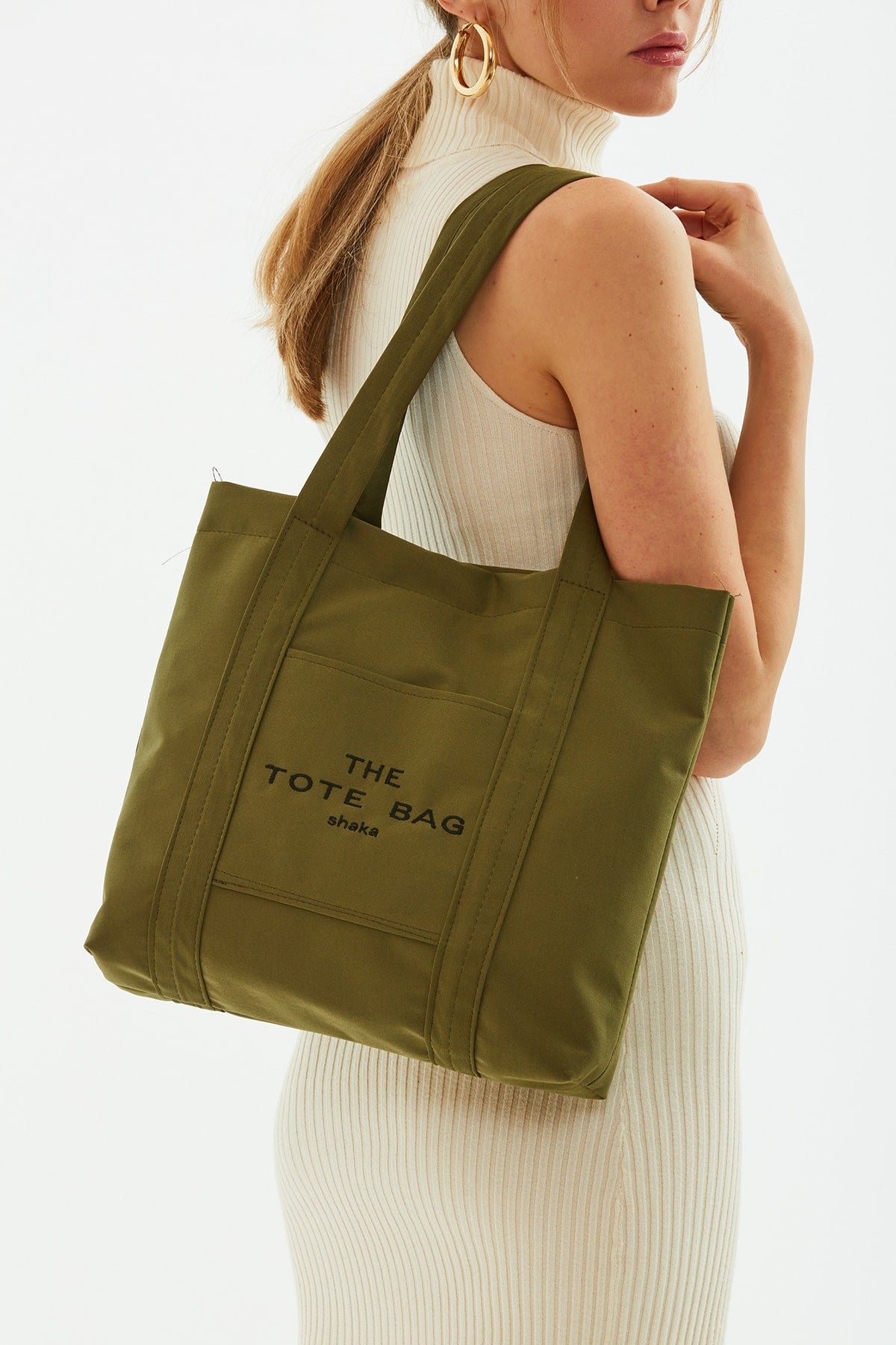 Khaki Green U46 Snap Closure Front Pocket Detailed Tote Bag Embroidered Canvas Women's Arm And Shoulder Bag U