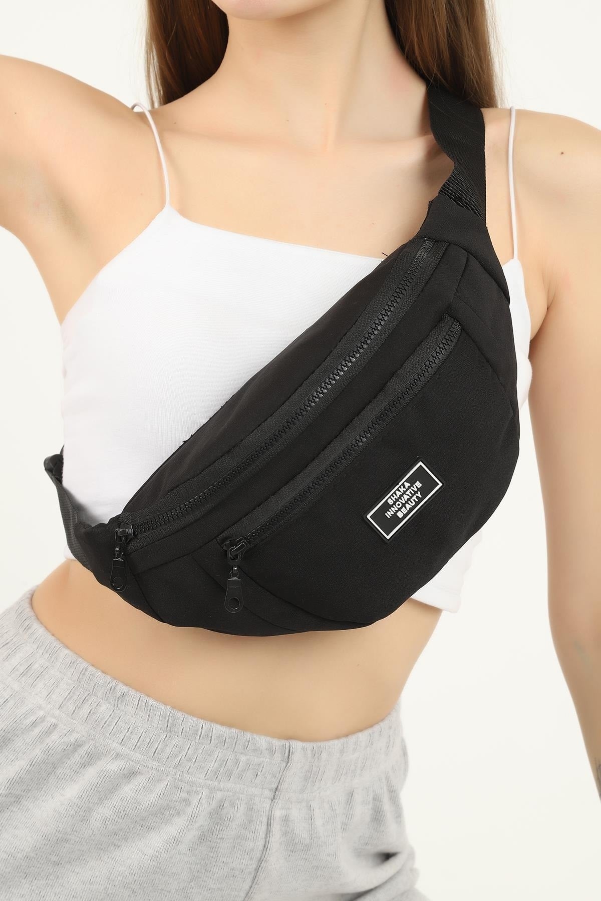 U8 Black 2 Compartment Unisex Waist Bag Width:38 Length:17 Width:7