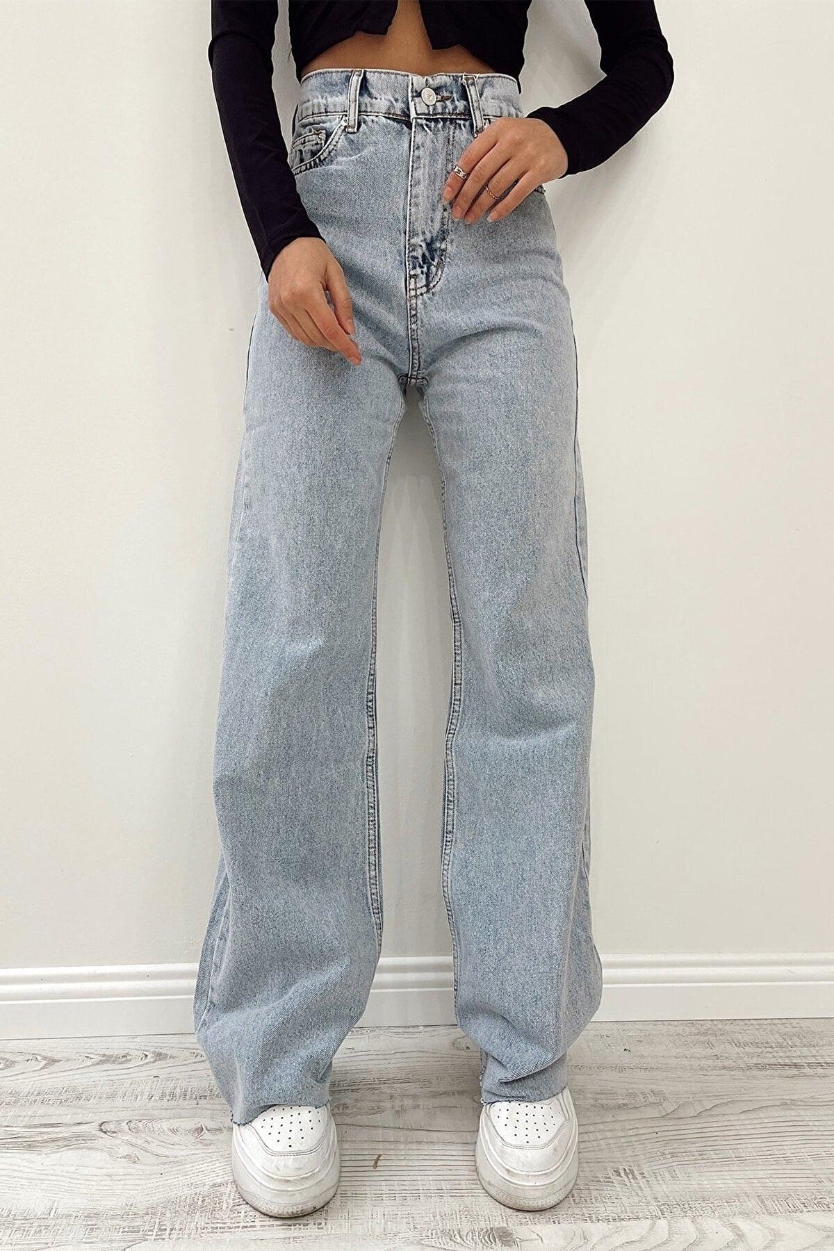 White Chocolate Ice Blue Snow Wash Lycra Super High Waist Loose Jean Palazzo Trousers - Swordslife