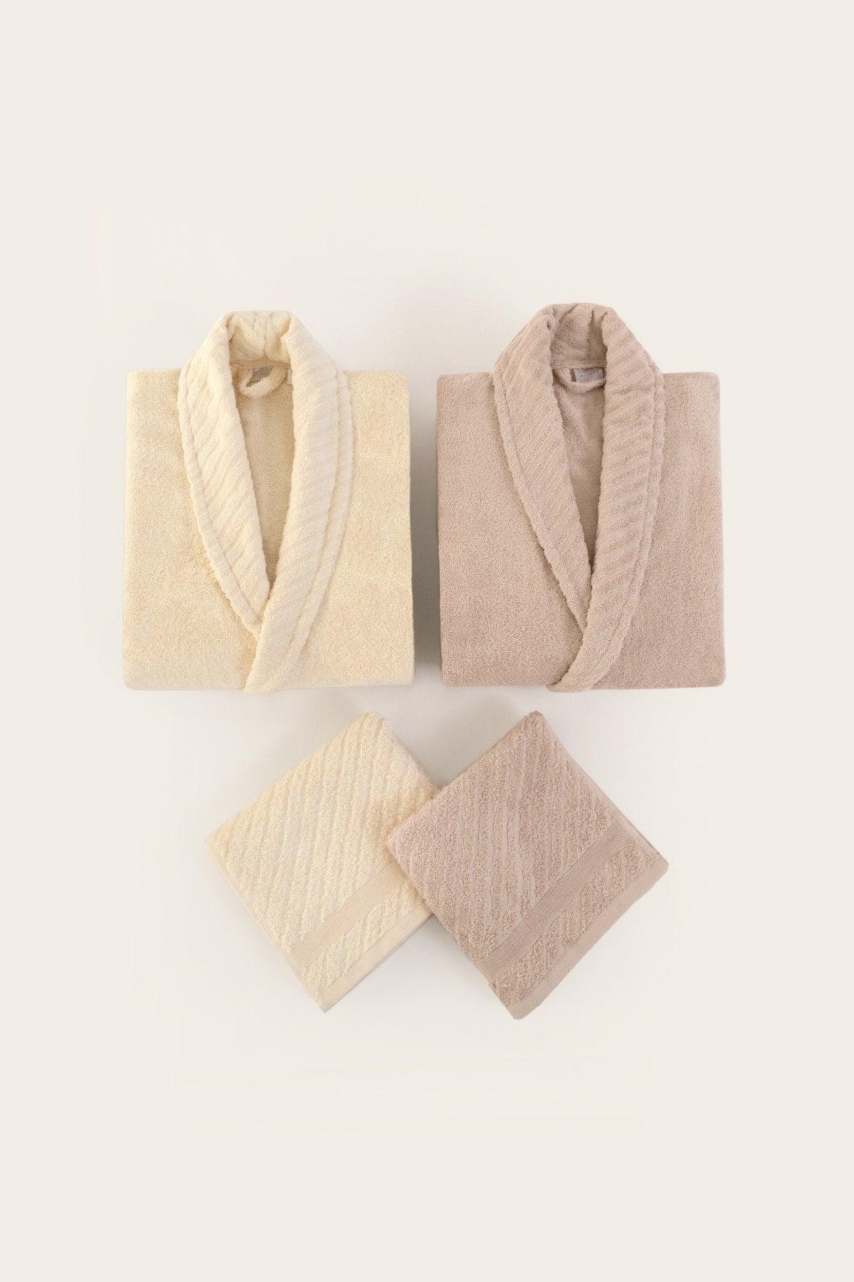 Lycian Salmon Cream 4 Pcs Family Bathrobe And Towel Set 2 Bathrobe 2 Towel Bathrobe Set Cotton Soft 1062a - Swordslife